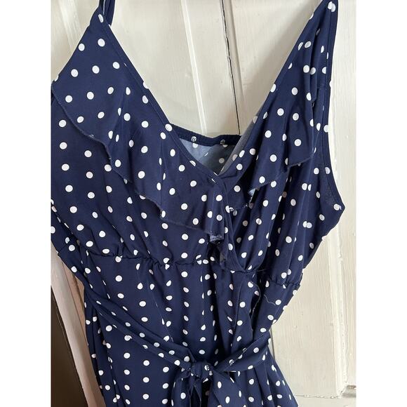 Womens Polka Dot Ruffle 3x Maxi Dress Blue/White Spaghetti Strap Summer - Picture 3 of 7